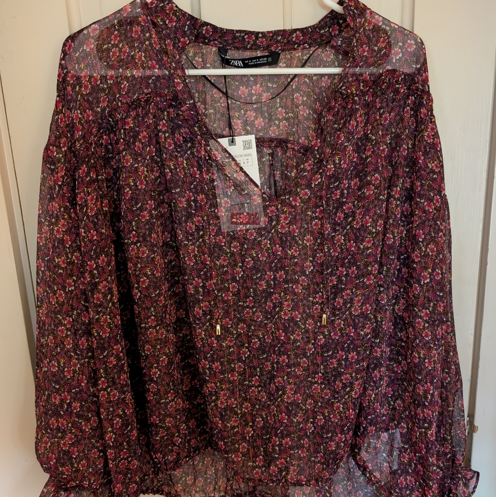 NWT Zara Burgundy Floral print sheer long sleeved blouse gathered tie hem - sz S